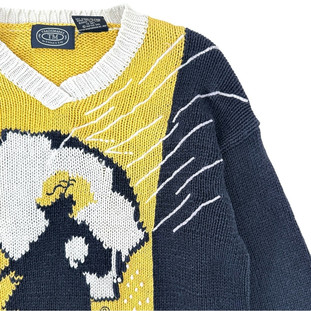 RARE Vintage Blue Yellow Cotton Knit Morton Salt Logo V-Neck Sweater sz S - Picture 4 of 7